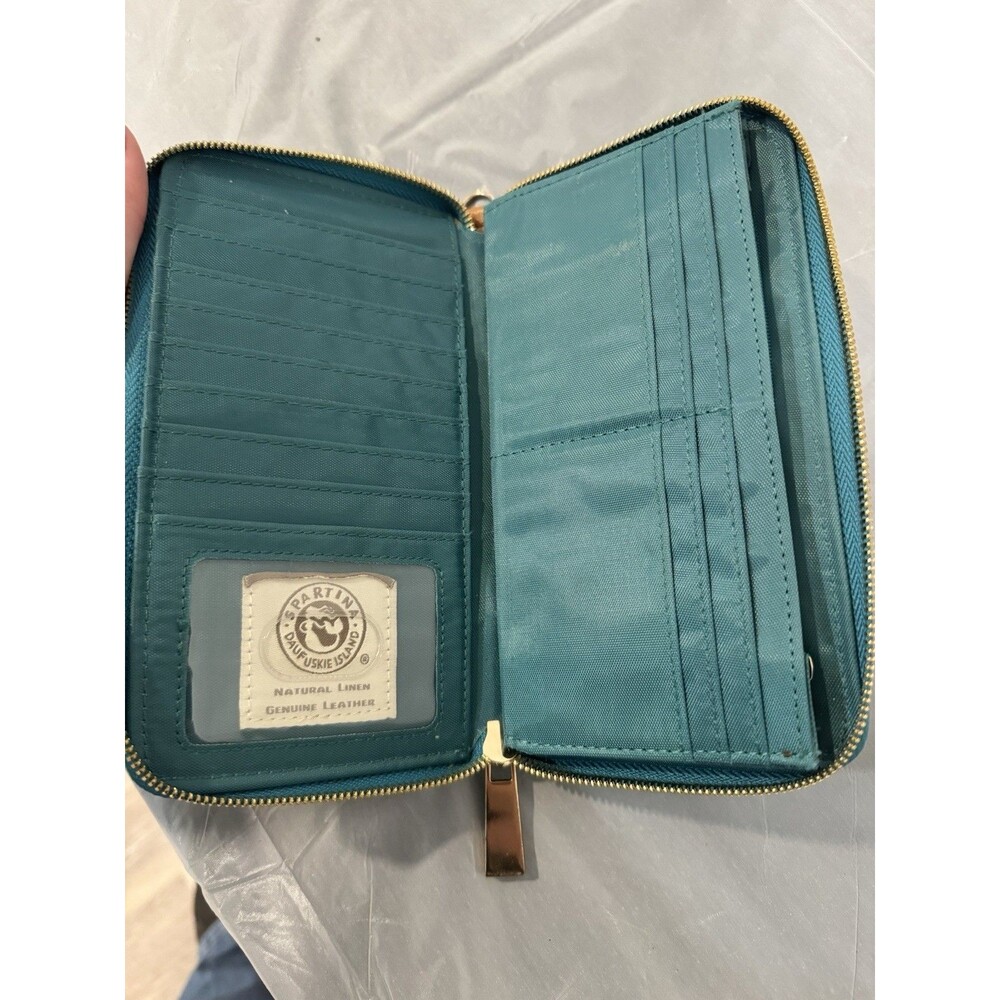 Spartina 449 Zip Around Wallet Linen Leather Brown Blue Pattern Read - Picture 5 of 7